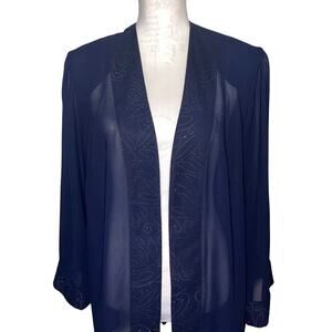 Dana Kay Navy Blue Embroidered Beaded Sheer Event Night Open Cardigan Blouse 16W
